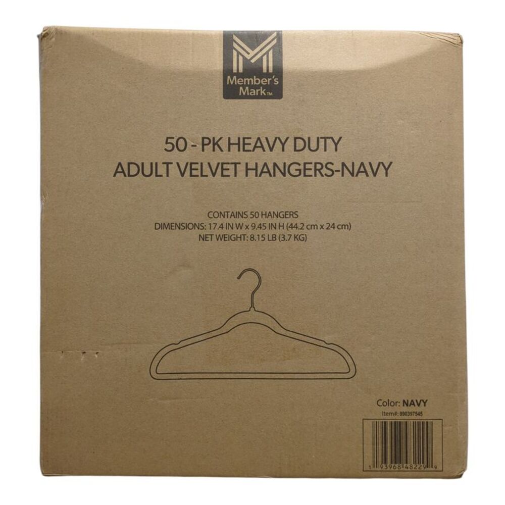 Member's Mark Heavy Duty Adult Velvet Hangers, 50 Pack, Navy